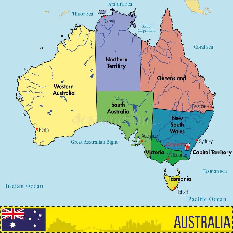 Australia Map with Regions and Their Capitals Stock Vector