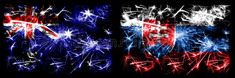 Australia, Ozzie vs Slovakia, Slovakian New Year celebration sparkling fireworks flags concept background. Combination of two