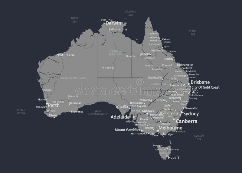AUSTRALIA Vector Map. High Deailed Map with States Names and Cities