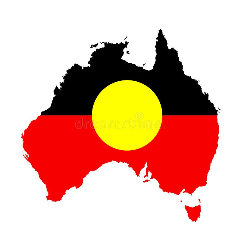 Australian Aboriginal flag over Australia map vector silhouette illustration isolated on white background. Native people symbol. Australian aboriginal border vectors