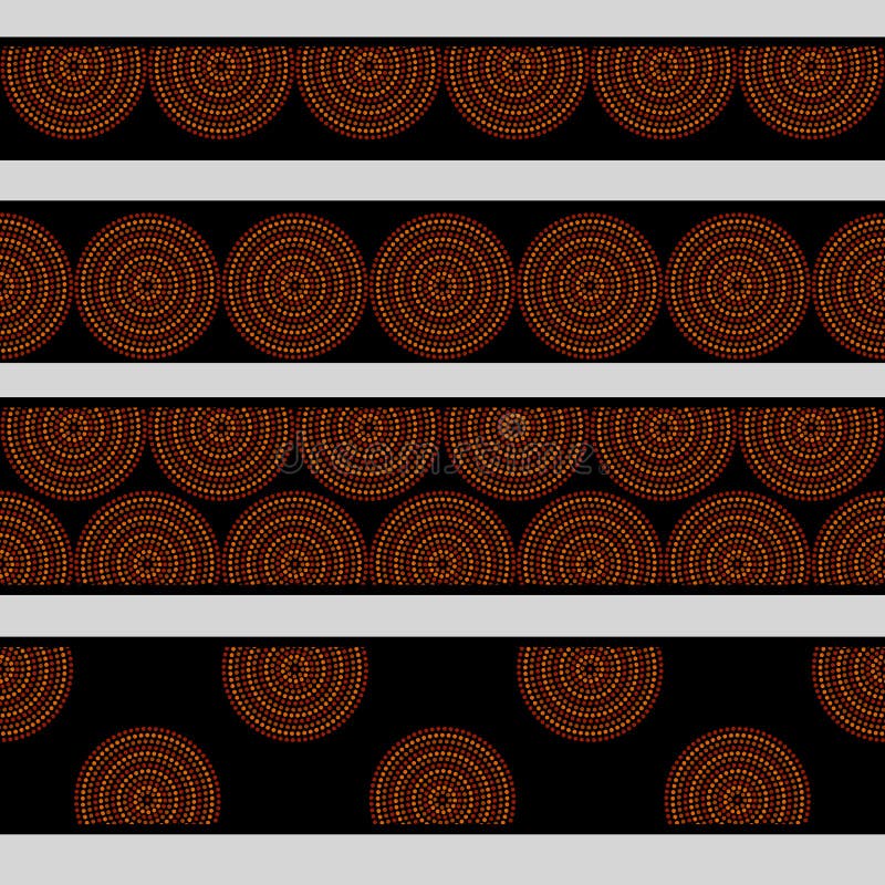 Australian aboriginal geometric art concentric circles in orange brown and black seamless borders set, vector background. Australian aboriginal border vectors