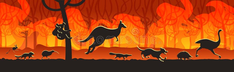 Australian animals silhouettes running from forest fires in australia wildfire bushfire burning trees natural disaster