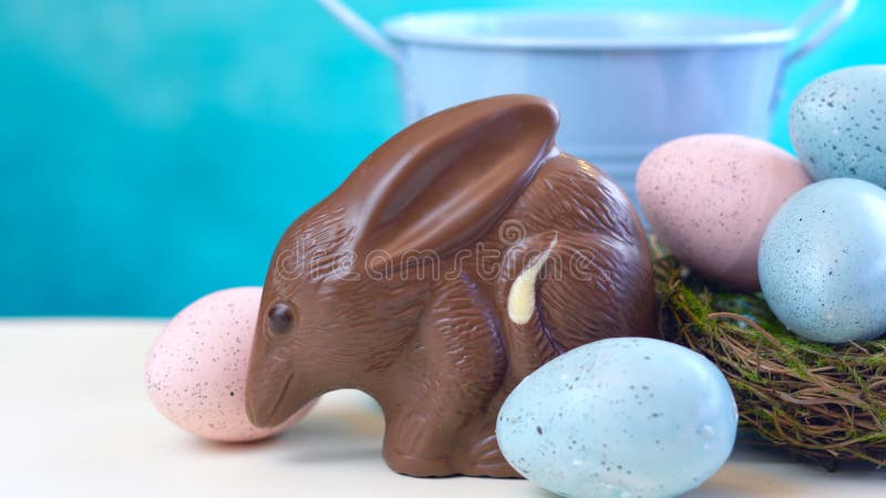 Australian milk chocolate Bilby Easter egg with eggs in nest against a blue and white background with copy space. Australian milk chocolate Bilby Easter egg with eggs in nest against a blue and white background with copy space.