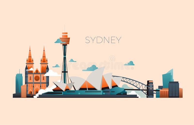 Australien-Reisemarkstein-Vektorlandschaft mit Sydney-Oper und berühmten Gebäuden stock abbildung Australien-Reisemarkstein-Vektorlandschaft mit Sydney-Oper und berühmten Gebäuden stock abbildung