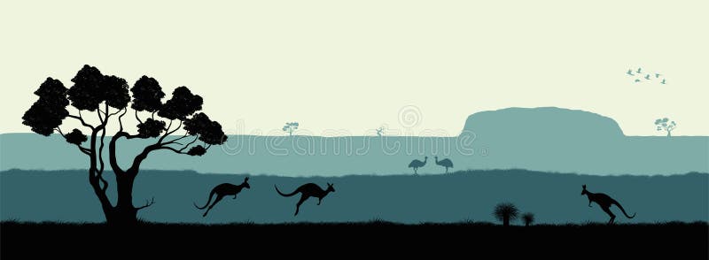 australijczyka krajobrazu Czarna sylwetka drzewa, kangur i ostrichs na białym tle, r