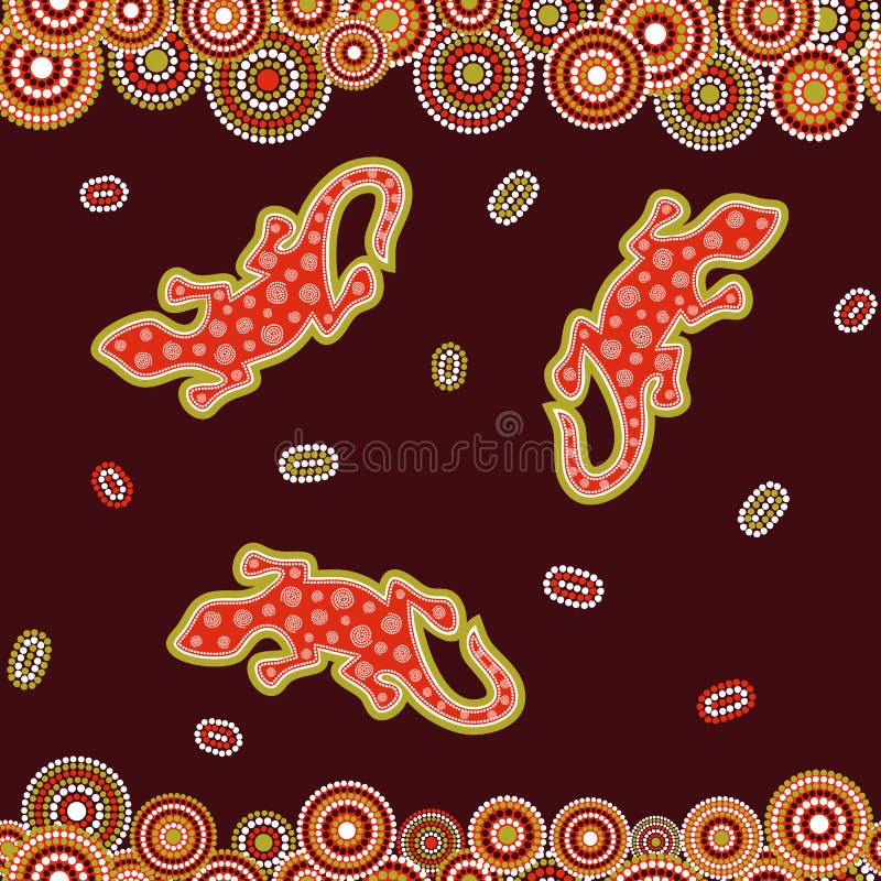 Australijski tubylczy bezszwowy wzór z kropkowanymi okręgami, owalami, jaszczurką i spiralami, royalty ilustracja Australijski tubylczy bezszwowy wzór z kropkowanymi okręgami, owalami, jaszczurką i spiralami, royalty ilustracja