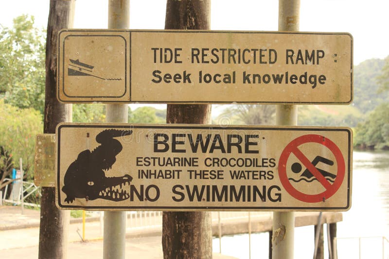 Crocodile Warning sign by the river at Daintree, North Queensland, Australia. Crocodile Warning sign by the river at Daintree, North Queensland, Australia