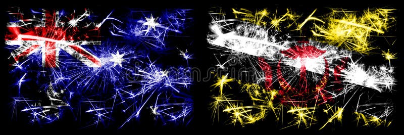 Australië, Ozzie versus Brunei, Brunei, Nieuwjaar van Brunei, die de vlag van een mousserend vuurwerk viert Combinatie van twee stock illustratie Australië, Ozzie versus Brunei, Brunei, Nieuwjaar van Brunei, die de vlag van een mousserend vuurwerk viert Combinatie van twee stock illustratie