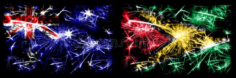 Australië, Ozzie vs Guyana, Guyanese Nieuwjaarsviering van het mousserende vuurwerk - achtergrond van het concept van vlaggenstaa royalty-vrije illustratie Australië, Ozzie vs Guyana, Guyanese Nieuwjaarsviering van het mousserende vuurwerk - achtergrond van het concept van vlaggenstaa royalty-vrije illustratie