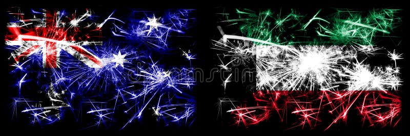 Australië, Ozzie vs Koeweit, Koeweitse nieuwjaarsviering van het mousserende vuurwerk - achtergrond van het vlaggenstaatconcept C royalty-vrije stock afbeelding Australië, Ozzie vs Koeweit, Koeweitse nieuwjaarsviering van het mousserende vuurwerk - achtergrond van het vlaggenstaatconcept C royalty-vrije stock afbeelding