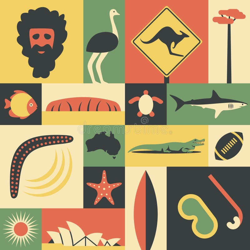 Australië, vector vlakke illustratie, pictogramreeks, oriëntatiepunt Mens, struisvogel, verkeersteken, boom, vissen, berg, schild stock illustratie Australië, vector vlakke illustratie, pictogramreeks, oriëntatiepunt Mens, struisvogel, verkeersteken, boom, vissen, berg, schild stock illustratie