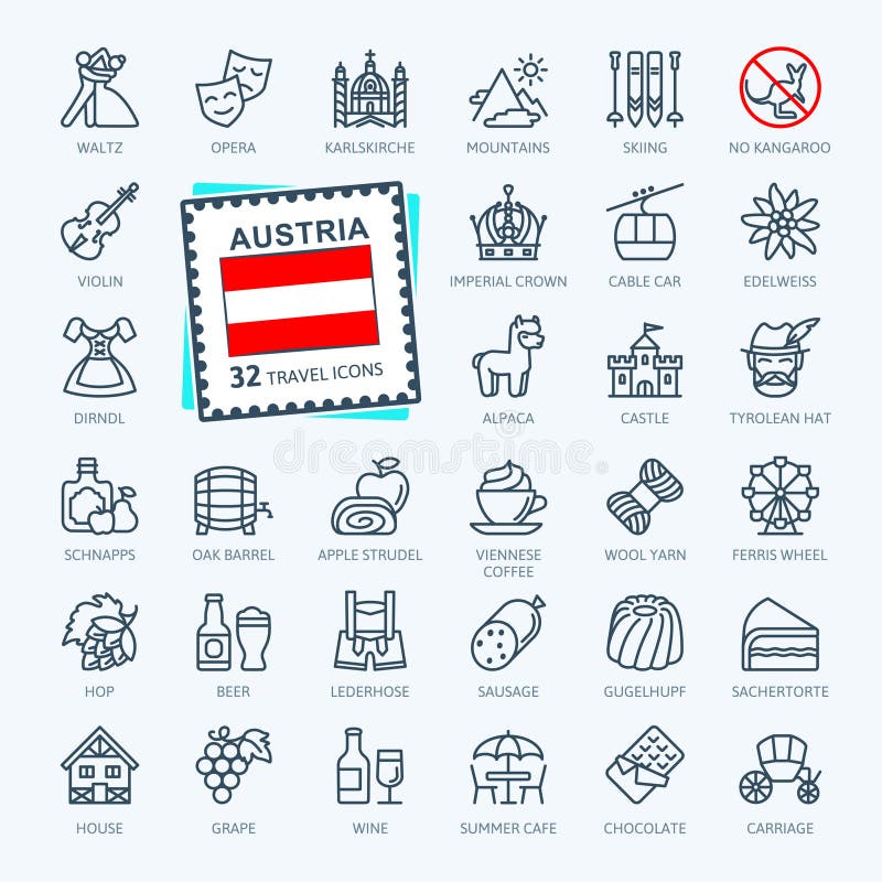 Austria, Austrian, Tyrolean - minimal thin line web icon set. royalty free illustration