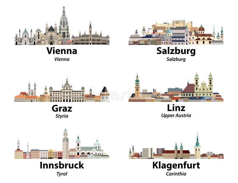 Austria main cities skylines vector isolated icons stock illustration