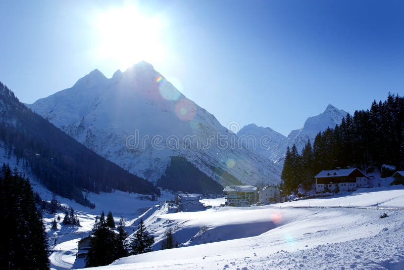 Snowy Mountain Valley in Ischgl, Austria. Snowy Mountain Valley in Ischgl, Austria