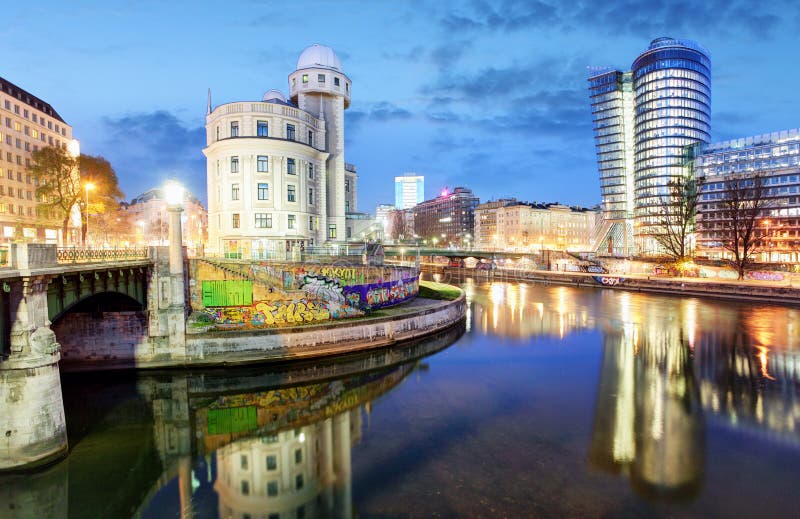 Austria, Modern Vienna with Danube canal at night, Wien stock image