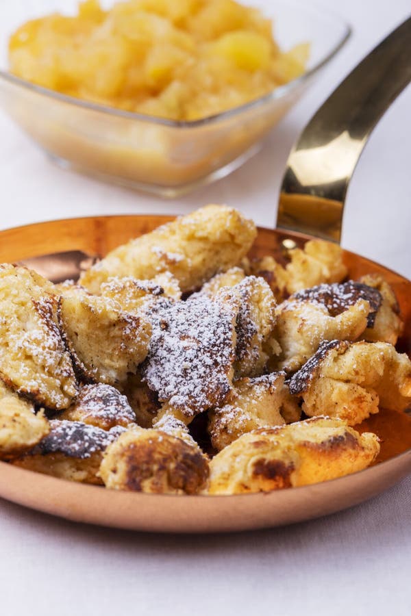 Austrian Kaiserschmarrn with Plum Sauce Closeup. Vertical Stock Image