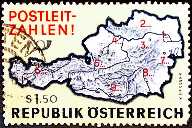 This Austrian stamp, issued on January 14, 1966, commemorates the introduction of a new postal code system in Austria. The design features a map of Austria divided into nine postal zones, with numbers (1-9) indicating the initial digit of the new four-digit postal codes. The stamp, with a value of S 1. 50, played a role in publicizing and educating citizens about the new system for more efficient mail delivery across the country. Code division stock images, royalty-free photos and pictures