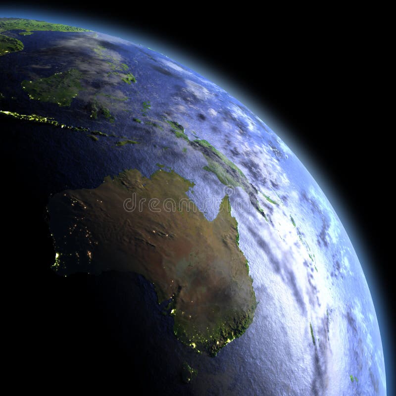 Austrália do espaço no alvorecer ilustração stock Austrália do espaço no alvorecer ilustração stock