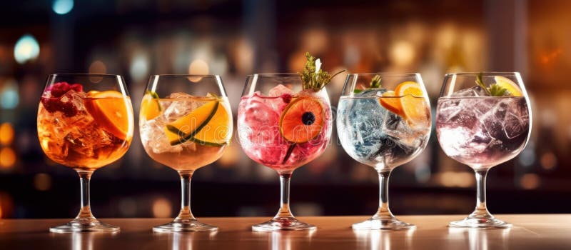 Auswahl an verschiedenen bunten Getränken in einem runden Glas auf einer Bar. generative Hilfe vektor abbildung