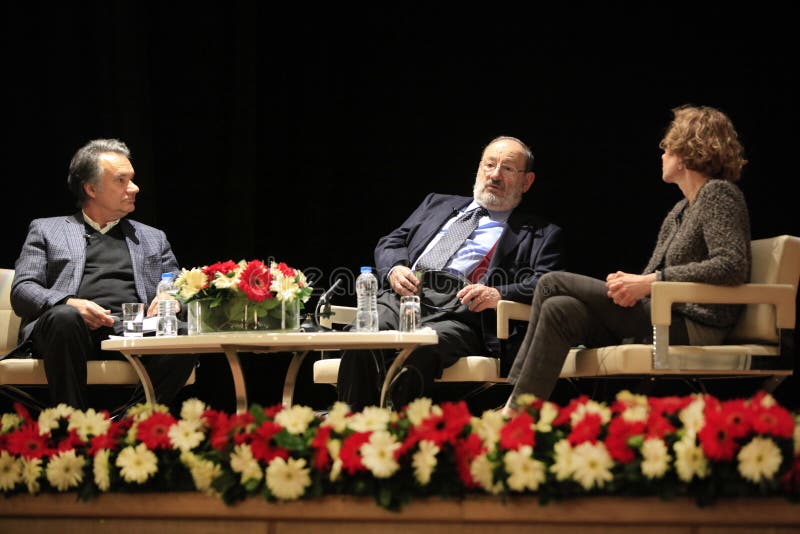 ISTANBUL,TURKEY-APRIL 10: Italian writer Umberto Eco met with their fans and held a discussion panel moderated by Prof Patrizia Violi and Prof Cemal Kafadar on April 10,2013 in Istanbul, Turkey. ISTANBUL,TURKEY-APRIL 10: Italian writer Umberto Eco met with their fans and held a discussion panel moderated by Prof Patrizia Violi and Prof Cemal Kafadar on April 10,2013 in Istanbul, Turkey.