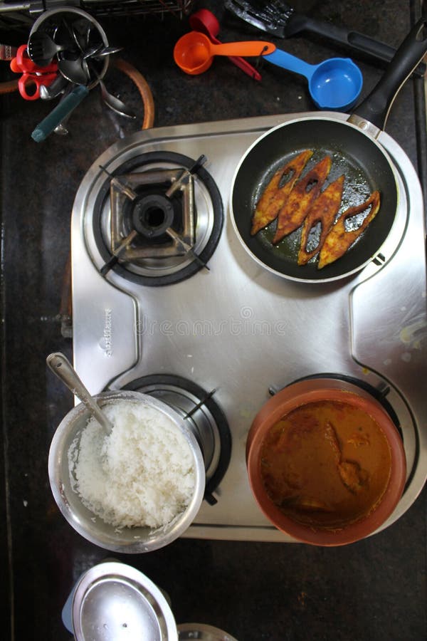 A Authentic Goan Meal, Fried Fish, Fish Curry and White Rice Stock