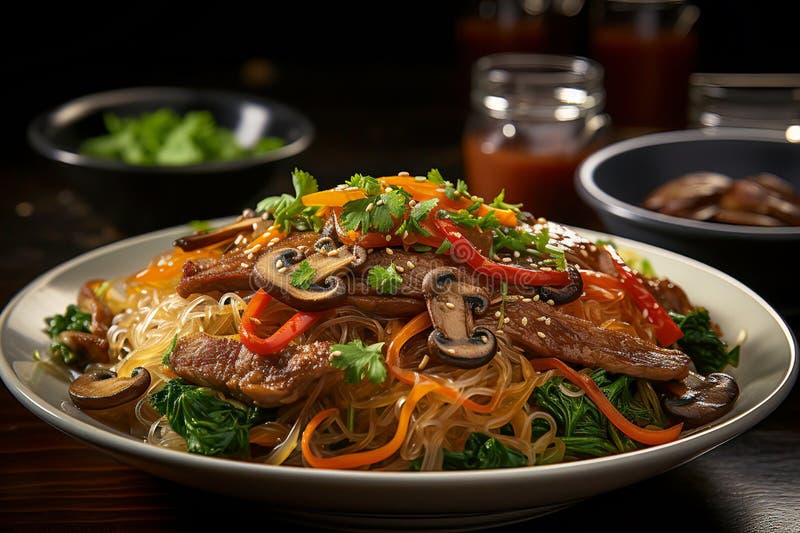 Authentic Japchae - Korean Glass Noodle Stir-Fry Stock Illustration