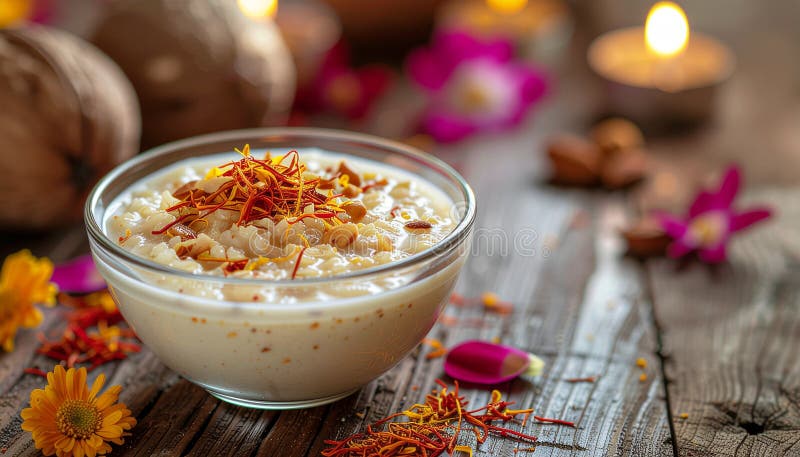 Authentic Kheer Rice Pudding in Glass Bowl Topped with Saffron and Nuts stock photography