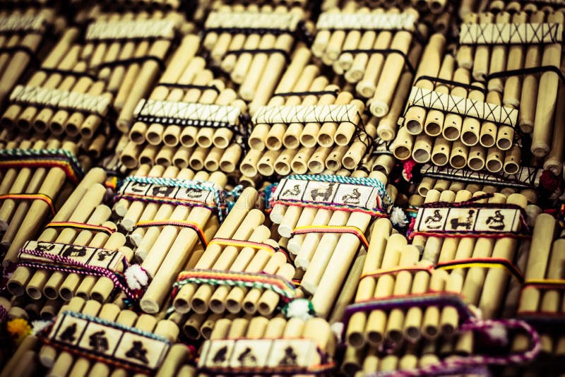 Authentic south american panflutes in local market in Peru.