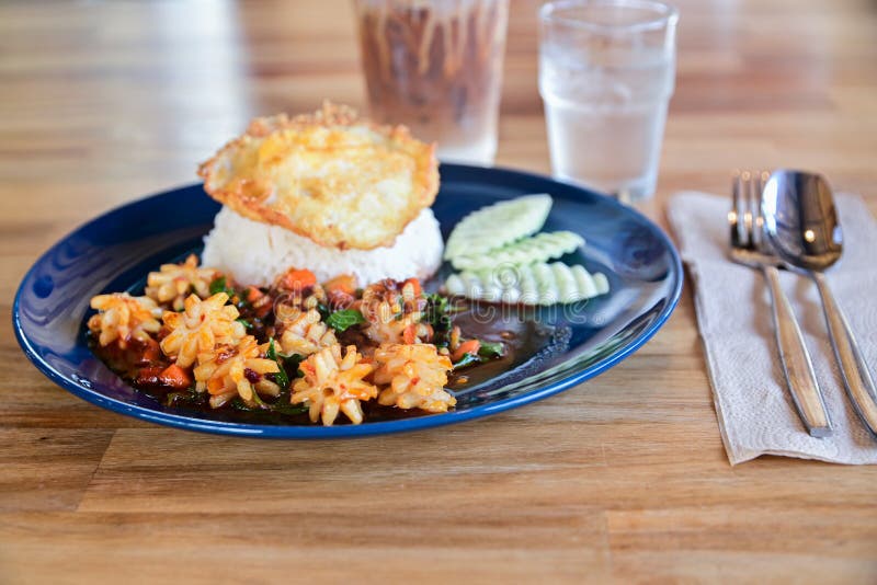 Authentieke Thaise basilicum-inktvisrijst met gebakken ei royalty-vrije stock foto