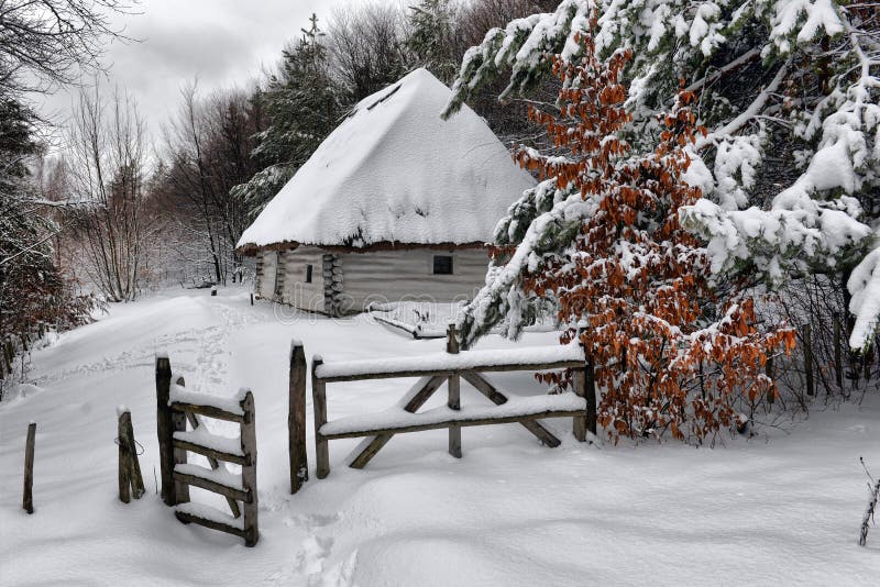 Authentic ukrainian village with wooden huts and fences