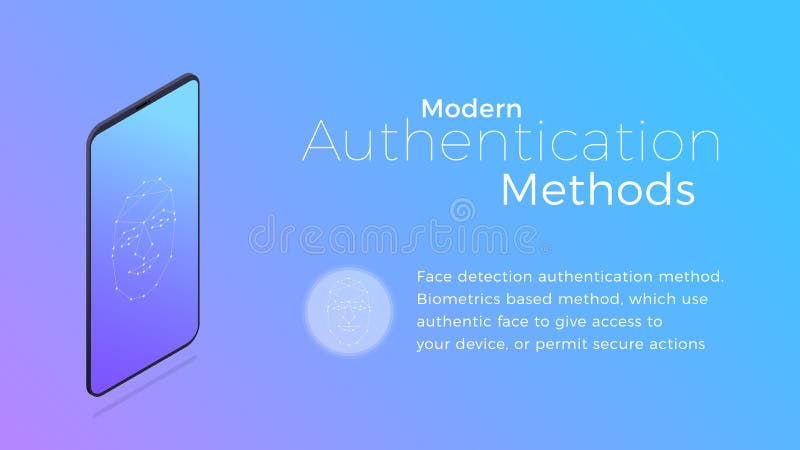 Authentication. Modern biometric facial recognition authentication method. Isometric concept of modern digital security stock illustration