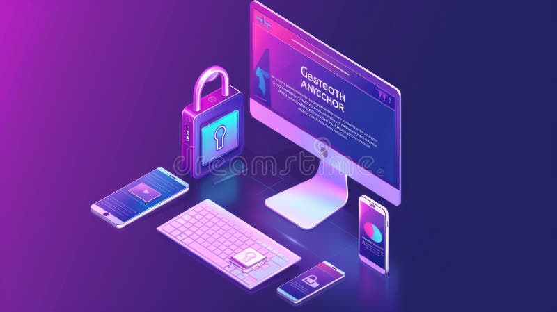 Authentication two-factor via an isometric landing page, secure login via password or sms with a push code message on stock photo