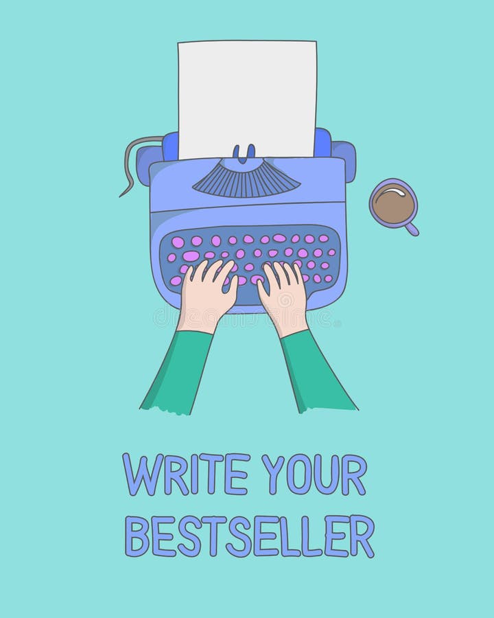 Vector illustration concept of author hands typing on a manual vintage stylish typewriter his bestseller with coffee