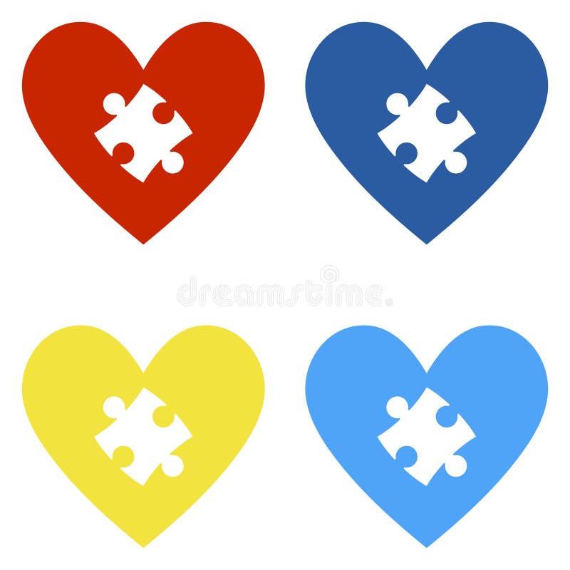 Set of 4 hearts in colors representing autism awareness isolated on white background. Set of 4 hearts in colors representing autism awareness isolated on white background