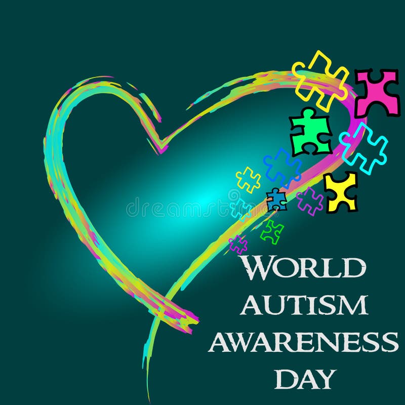 Autism Awareness Month. Trend lettering. Multi colored puzzle in the form of heart of brush strokes. Healthcare concept. Autism Awareness Month. Trend lettering. Multi colored puzzle in the form of heart of brush strokes. Healthcare concept.