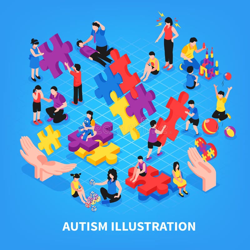 Kids with autism during game communication with parents learning and friendship on blue background isometric vector illustration. Kids with autism during game communication with parents learning and friendship on blue background isometric vector illustration