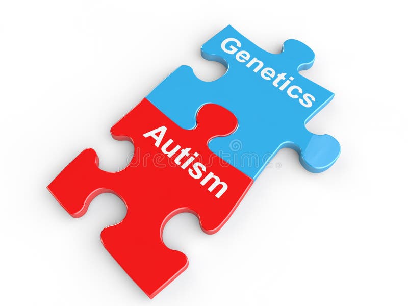 3D render of puzzle pieces with words Autism and genetics. 3D render of puzzle pieces with words Autism and genetics.