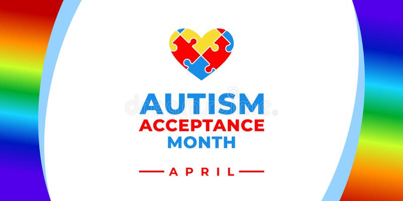 Autism Acceptance Month. Vector banner, poster, flyer, greeting card for social media with the text Autism Acceptance Month, April. Illustration with Puzzles and rainbow on white background. Autism Acceptance Month. Vector banner, poster, flyer, greeting card for social media with the text Autism Acceptance Month, April. Illustration with Puzzles and rainbow on white background