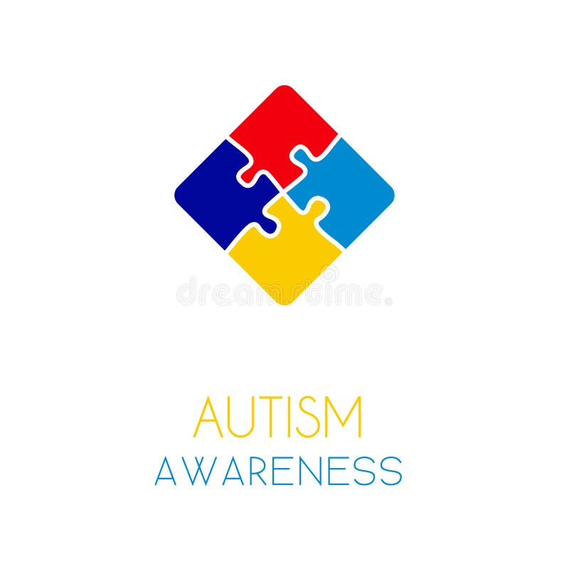 Autism awareness concept with puzzle elements of blue, red, yellow colors. Stock vector illustration, logo, emblem design. . Autism awareness concept with puzzle elements of blue, red, yellow colors. Stock vector illustration, logo, emblem design. .