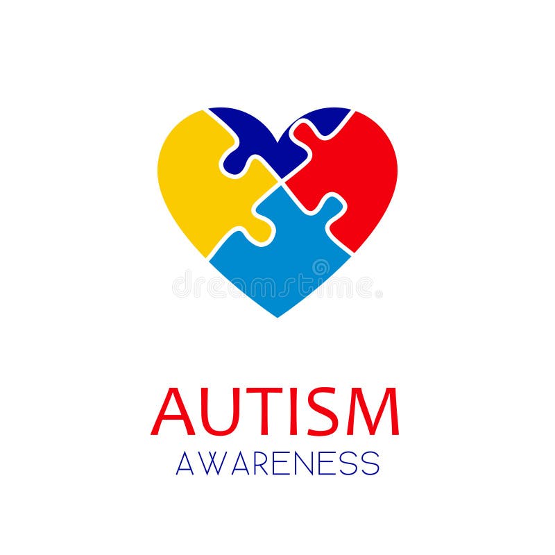 Autism awareness concept with puzzle elements of blue, red, yellow colors forming a heart. Stock vector illustration, logo, emblem design. . Autism awareness concept with puzzle elements of blue, red, yellow colors forming a heart. Stock vector illustration, logo, emblem design. .