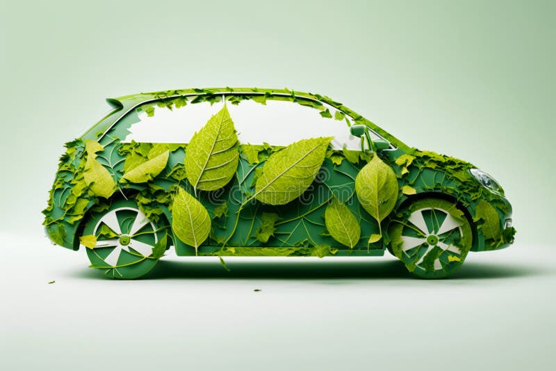 Auto aus grünen Blättern auf hellgrünem Hintergrund mit Reflektion des Autos. generative Hilfe.