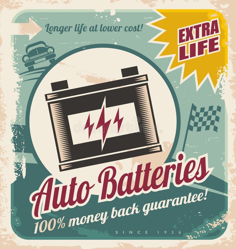 Auto bateria rocznika plakatowy projekt royalty ilustracja Auto bateria rocznika plakatowy projekt royalty ilustracja