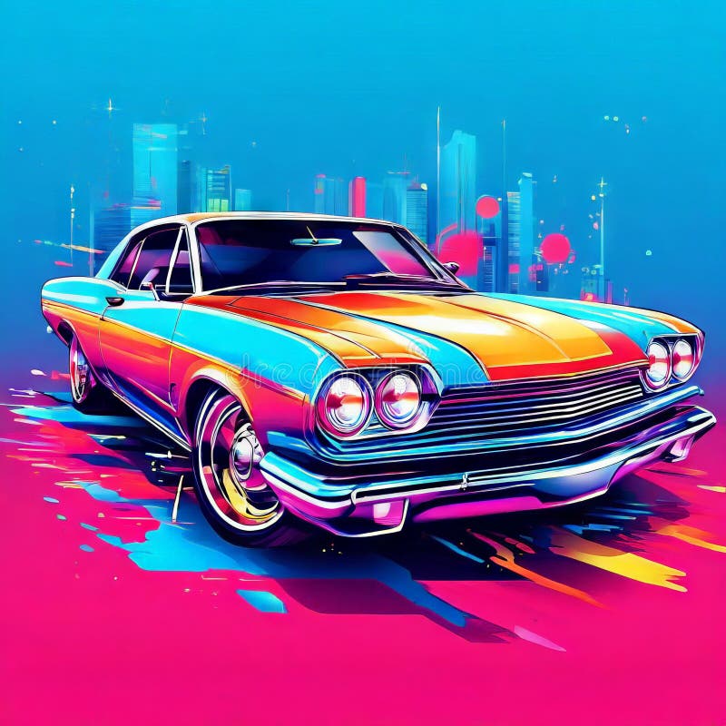 Auto classica con luci colorate e molte luci classiche. illustrazione di stock