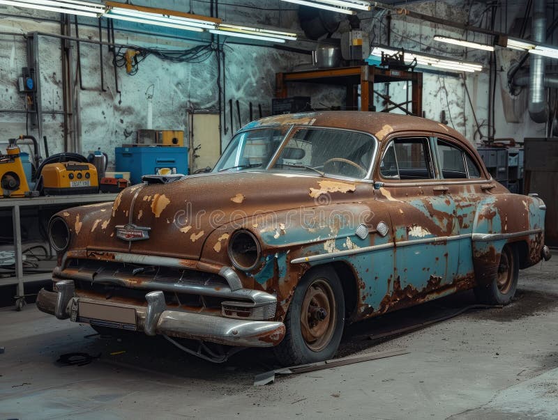 Auto classiche abbandonate che raccolgono polvere in un vecchio magazzino. aizione generativa