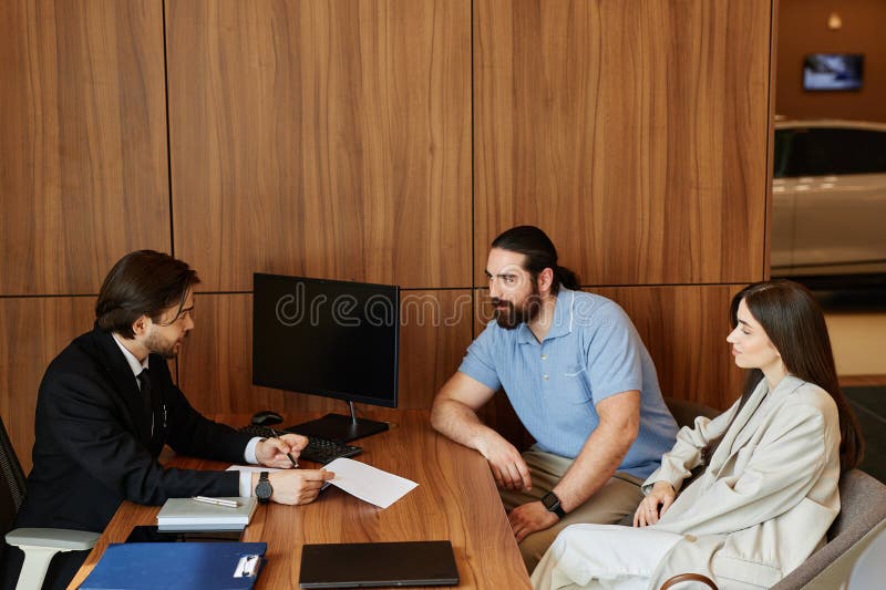 Auto Dealer at Desk Making Deal with Couple Buying New Car at Office of Dealership stock photo