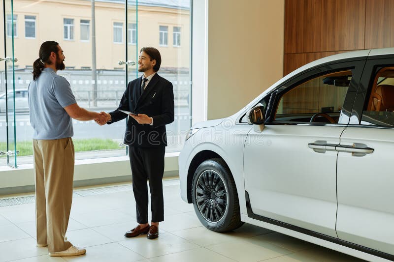 Auto Dealer Shaking Hands with Male Buyer at Car Dealership Center stock photography