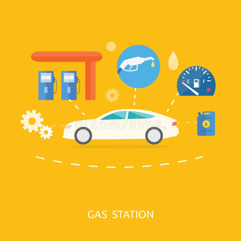 Car in gas station. Fuel petrol dispenser pump handles and pillars. Fueling in flat design style. Car in gas station. Fuel petrol dispenser pump handles and pillars. Fueling in flat design style