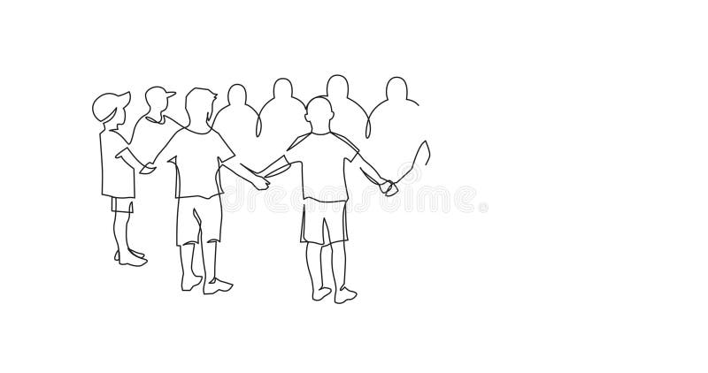 Auto-dessin animation de l'unité amitié continue dessin à une ligne. groupe d'enfants tenant la main. illustration de vecteur