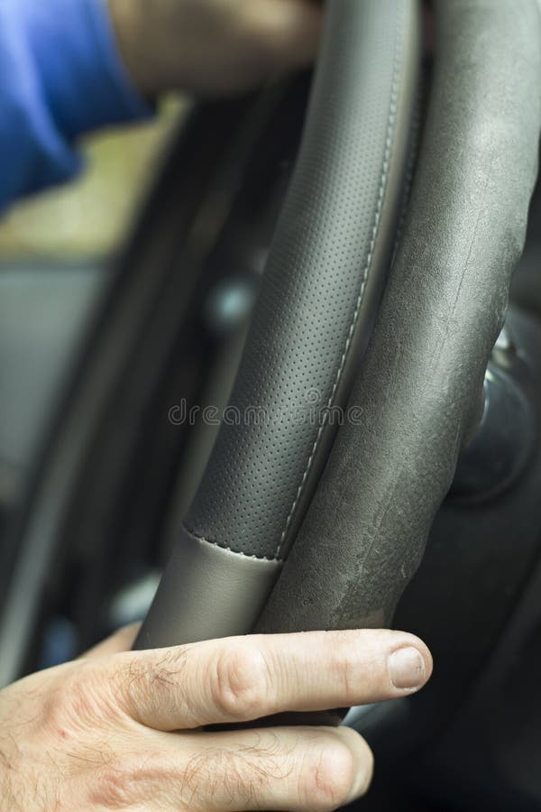 Auto Detailing the Interior of the Car. Steering Wheel Overlay Stock