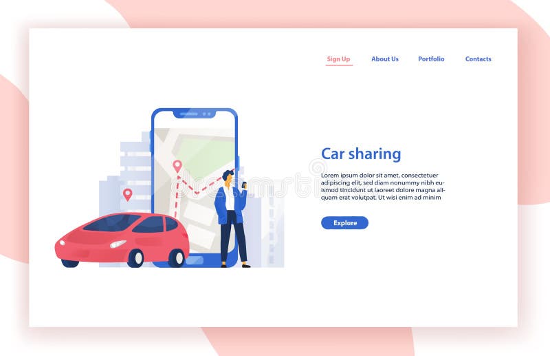 Auto die het malplaatje van de de dienstwebsite met auto, mens delen die zich naast reuzesmartphone met stadskaart bevinden op he stock illustratie Auto die het malplaatje van de de dienstwebsite met auto, mens delen die zich naast reuzesmartphone met stadskaart bevinden op he stock illustratie
